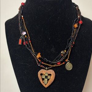 Multi Strand Handcrafted Multicolor Wood Mixed Media Beaded Cross Necklace 15”